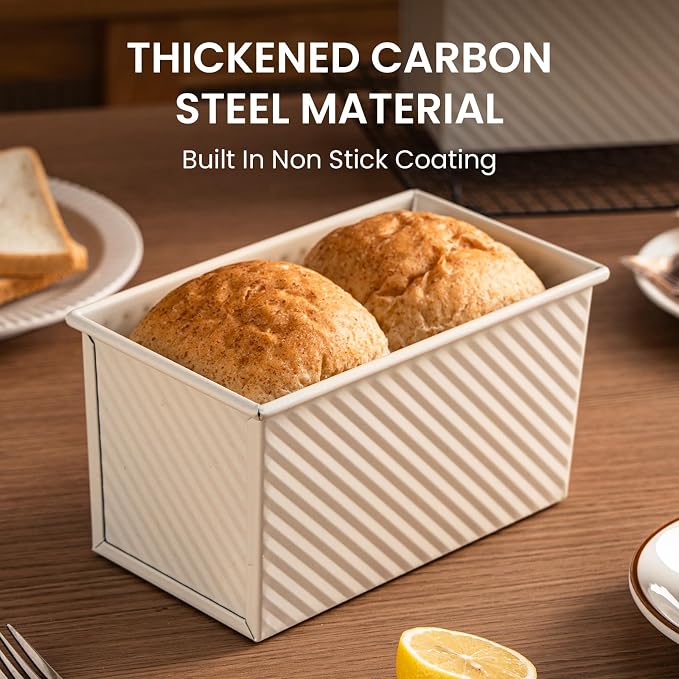 1Lb White Pullman Loaf Pan with Lid, Gluten Free Bread Pan, Sandwich Bread Loaf Pan, Pull Bread Pan, Carbon Steel Non-Stick Corrugated Bakeware, Toast Box Mold with Cover for Professional Baking