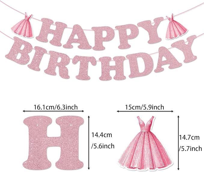 Zwiebeco Pink Rose Gold Girls Happy Birthday Banner Bunting Hanging Paper Swirls Garland Party Decorations for Girls Womens Princess-Style Themed Bday Decor Accessories Supplies