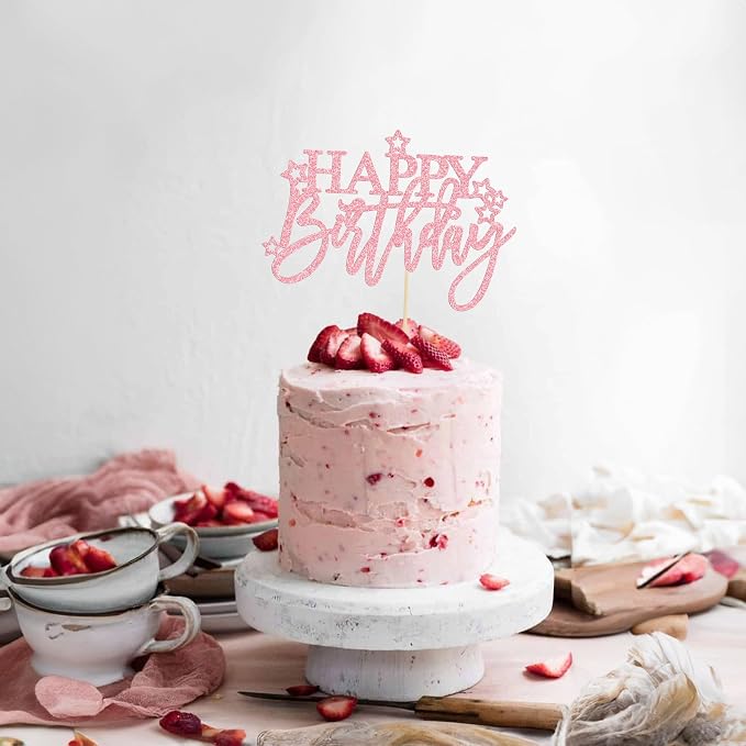 Gyufise 1Pcs Happy Birthday Cake Topper Glitter Happy Birthday Cake Pick for Celebrating Happy Birthday Anniversary Theme Party Cake Decorations Supplies Dark Pink