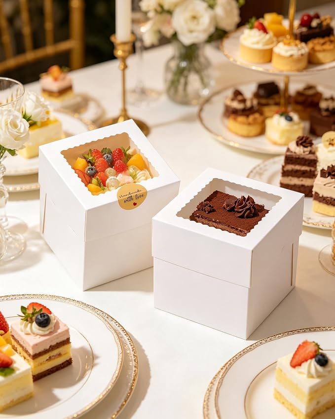 COTOPHER 30Pcs 6x6x6 Inches Mini Cake Boxes, White Bakery Boxes with Window, Cake Containers for Pastries, Cookies, Chocolates, Cupcakes, Birthday Party Cake Decorating Supplies for Gift Giving