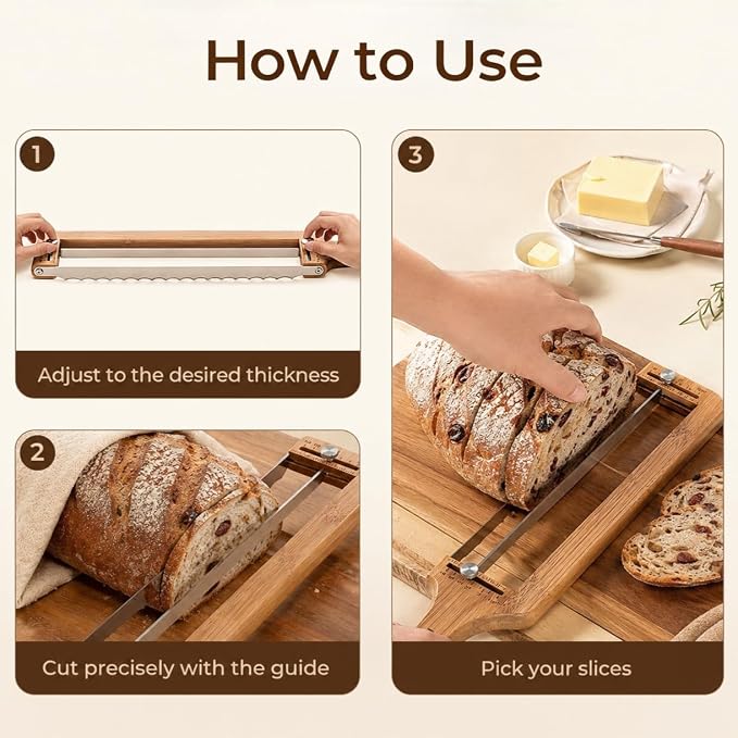 Adjustable Bread Knife for Homemade Bread - Bread Slicer with 1/2-inch and 1-inch Thickness Guides - 17 inch Bread Cutter-Bow Design （Natural Red Wood）