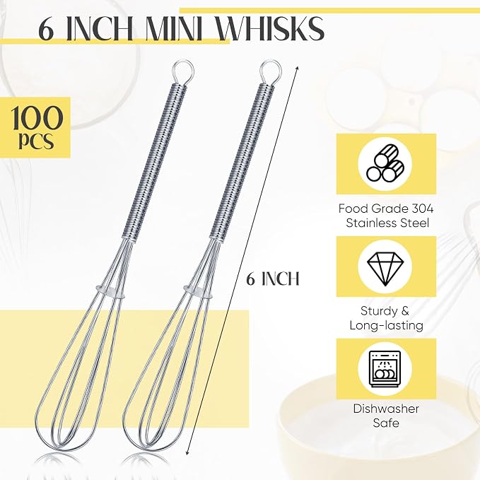 Baderke 100 Pcs Mini Whisk Bulk Small Whisks for Cooking 304 Stainless Steel Tiny Whisk for Baking, Whipping, Beating Eggs, Mixing Sauces, Blending Ingredients (6 Inch)