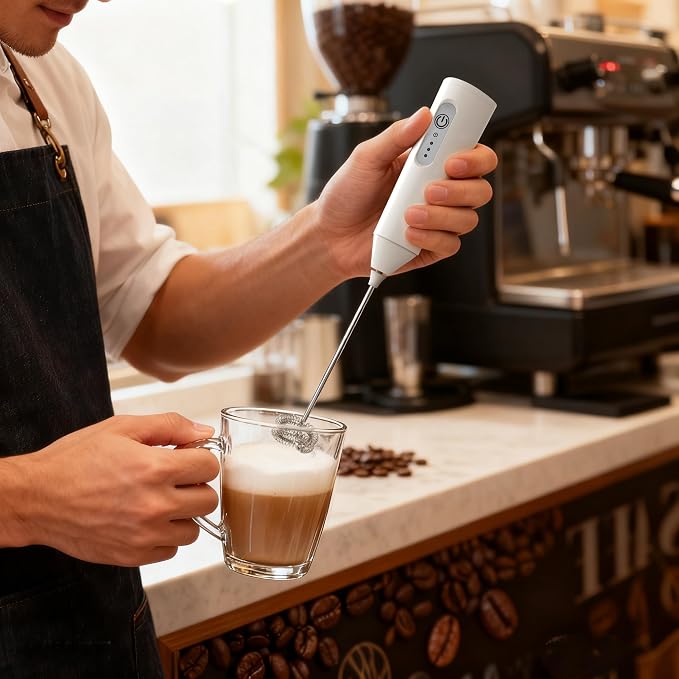 Puraville Rechargeable Electric Milk Frother Handheld, 3 Speeds Electric Whisk Drink Mixer with Stand, Type-C Charging BPA Free for Coffee, Latte, Cappuccino, Egg, Cream, White