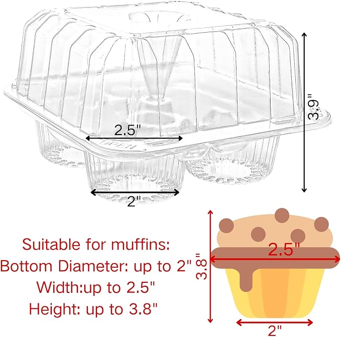 Coloch 50 Pack Clear Cupcake Box, 4 Cavity Plastic Cupcake Holder with Deep Dome Disposable 4-Compartment Dessert Container Bakery Carrying Box for Bakery, Cupcake