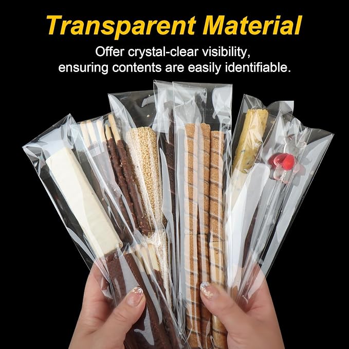 Horbin 120 Pcs Pretzel Rod Bags, Self Sealing Cellophane Bag 2x10 Inches, Clear Cookie Bags with Seal for Cookies, Pretzels, Candy, Party Favors, Bakery Packaging