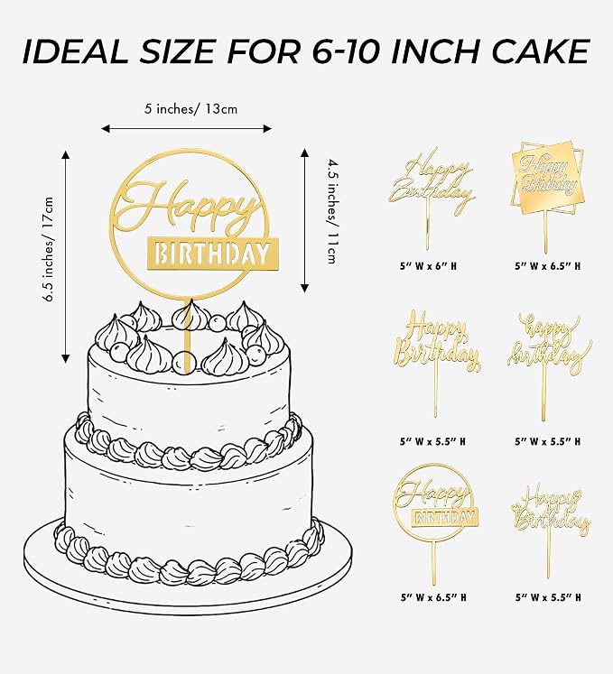 6-Pack Gold Happy Birthday Cake Toppers, 5" x 6.5" Acrylic Happy Birthday Sign for Cake Decorations