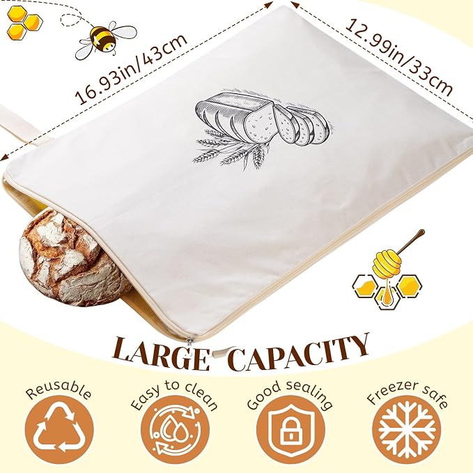 2 Pack Beeswax Bread Bags for Homemade Sourdough Reusable Natural Organic Bees Wax Bread Bag 13 × 17in Freezer Storage Friendly with Zipper Seal Design to Keep Fresh