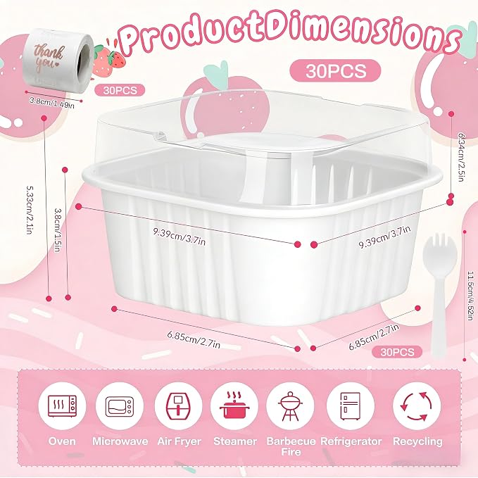 30Pack 5oz White Mini Cake Pans with Lids, Spoons and Stickers Baking Cups Aluminum Foil Pans Tins, Individual Dessert Cups Containers for Sales,Party,Picnics