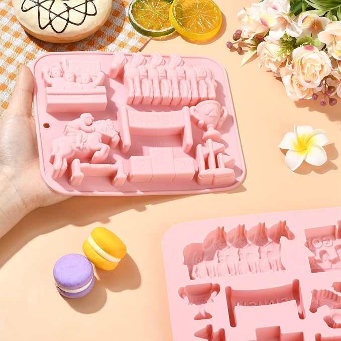 Ipotkitt Pink Racing Theme Silicone Molds Sport Horse Rectangle Candy Molds for Candy Chocolate Jelly Cake Ice Crafts, 2pcs, 18.6x14.7x1.9cm, 8 Cavities
