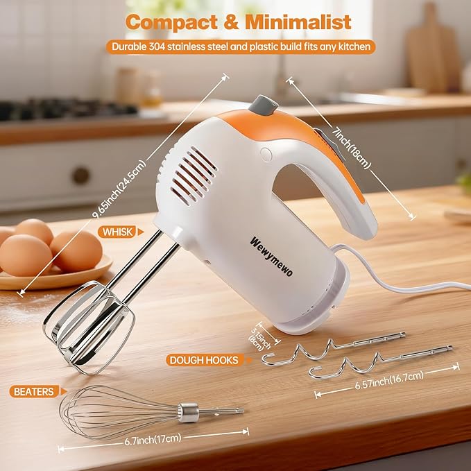 Electric Hand Mixer 300W, 5-Speed Handheld Kitchen Mixer with 304 Stainless Steel Beaters, Dough Hooks & Whisk – Ideal for Baking, Whipping Eggs & Cookie Dough