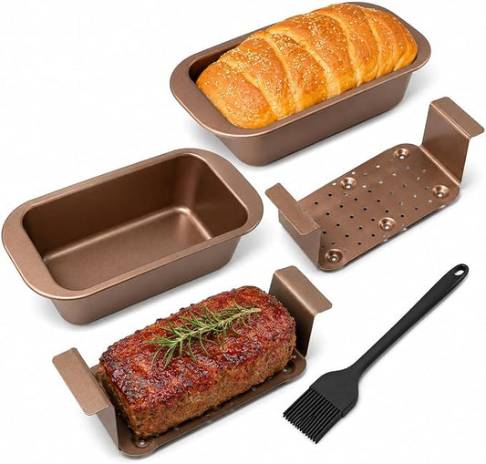 2 Pack Meatloaf Pan with Drain Tray, Nonstick Loaf Pan for Baking Bread and Meatloaf, Heavy Duty Meat Loaf Bakeware with Removable Grease Draining Insert, Wide Handles