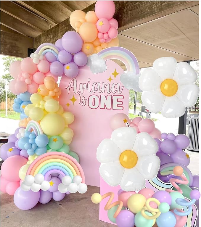Pastel Balloon Arch Kit - 144pcs Pastel & Rainbow Balloons With Daisy Designs - Macaron Easter Arch Kit for Baby Shower, Birthday & Party Decorations