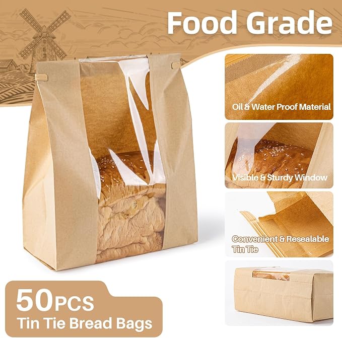 MAQIHAN 50 Bread Bags with Reusable Ties - Homemade Sourdough Bread Storage Bags Brown Paper Bagel Loaf Bakery Bags with Window Toast Bags with Resealable Ties Disposable Baked Goods Sale Packaging