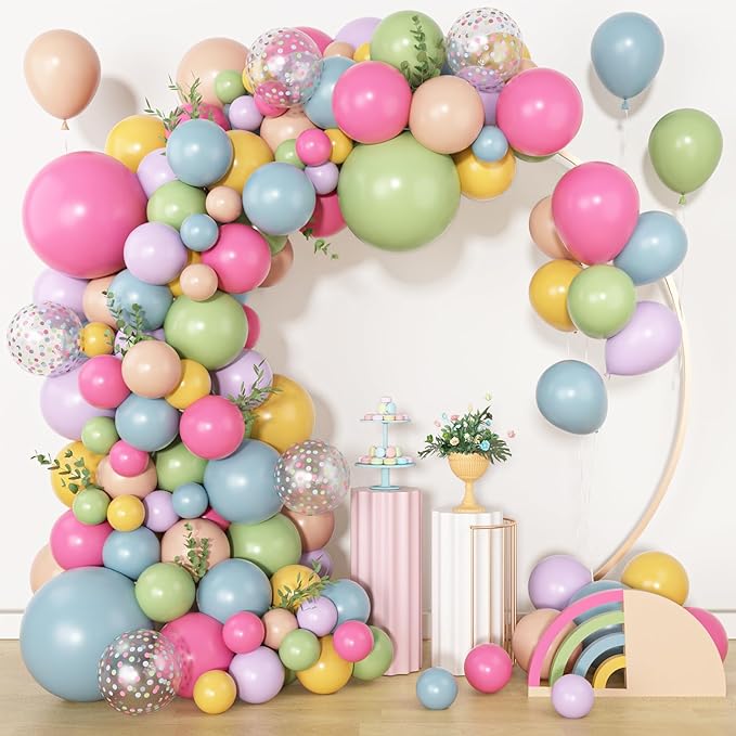 Amandir 153Pcs Flower Balloons Arch Garland Kit Different Sizes 18 12 10 5inch Pink Green Yellow Dusty Blue Spring Wildflower Balloons for Floral Baby in Bloom Shower Daisy Birthday Party Decorations