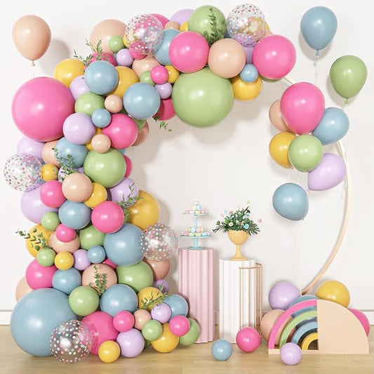 Amandir 153Pcs Flower Balloons Arch Garland Kit Different Sizes 18 12 10 5inch Pink Green Yellow Dusty Blue Spring Wildflower Balloons for Floral Baby in Bloom Shower Daisy Birthday Party Decorations