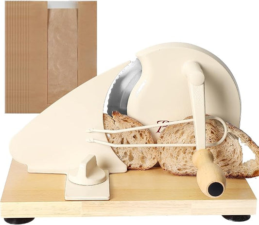 Brvclon Manual Bread Slicer for Homemade Sourdough,Adjustable Thickness,Hand Crank Bread Slicer with Stainless Steel Blade, Aluminum Alloy Frame & Solid Wood Base,Comes with 10 Bread Bags