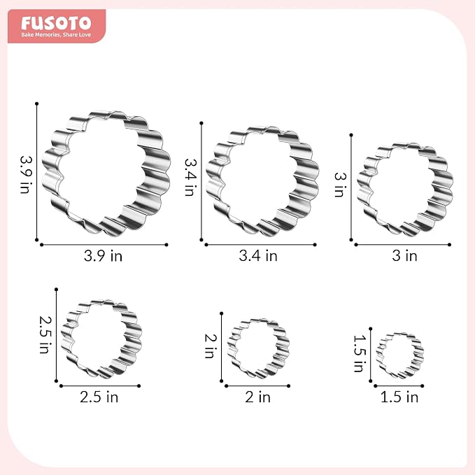 FUSOTO Round Cookie Cutter Set - 6 Piece Circle Shaped Geometric Circle Cookie Cutter for Kitchen Baking, Stainless Steel, (1.5", 2", 2.5", 3", 3.5", 4"), Round