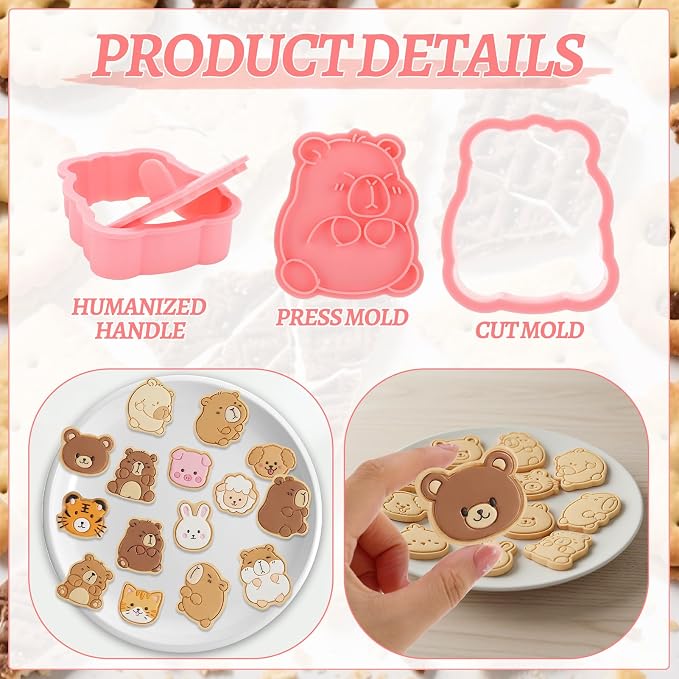 Jspupifip 16 Pack Capybara Animal Cookie Cutters Set, 3D Cookie Plunger Stamps Farm Animal Circus DIY Press Molds Baby Shower Cracker Cutters Birthday Party Baking Supplies Clay Biscuit Molds