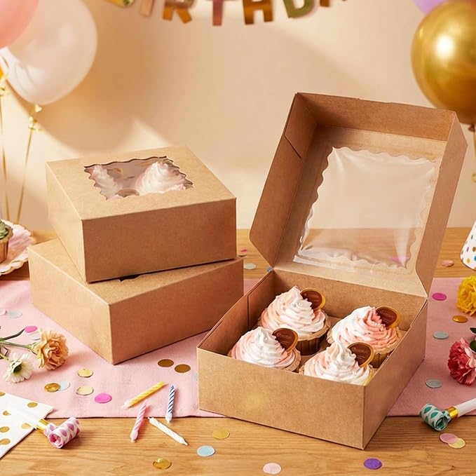 qiqee Auto-pop Up Cupcake Boxes with Window Brown 100PCS 4 Count Cupcake Box 6.3"x6.3"x3" Cupcakes Carrier, 4 Cupcake Containers