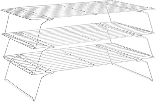 Cooling Rack for Baking 3 Tiers, 16" x 10" Cookie Cooling Wire Rack Stackable Collapsible Nonstick, Stainless Steel Baking Cooking Cooling Racks with Optimum Air Flow, Silver