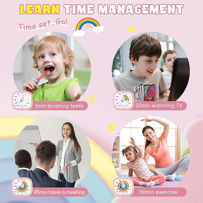 HIPPIH Visual Timer for Kids - 60 Minute Pomodoro Timers for Classroom Kitchen Office, Countdown Kids Timer Clock with Rainbow Disk, Desk Time Management Tool for Toddler with Silent Operation, Pink