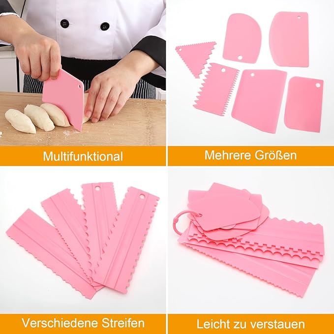 12 Pcs Adjustable Cake Smoother Set, Plastic Cake Decorating Tools Comb and Dough Scrapers for Baking Pastries (Pink)