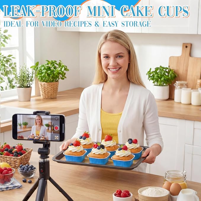 200 Pack 5 oz Mini Cake Pans with Lid, Aluminum Foil Mini Baking Tins, Square Disposable Cupcake Baking Cup Dessert Container for Wedding Birthday Party Picnic(Blue,Classic)