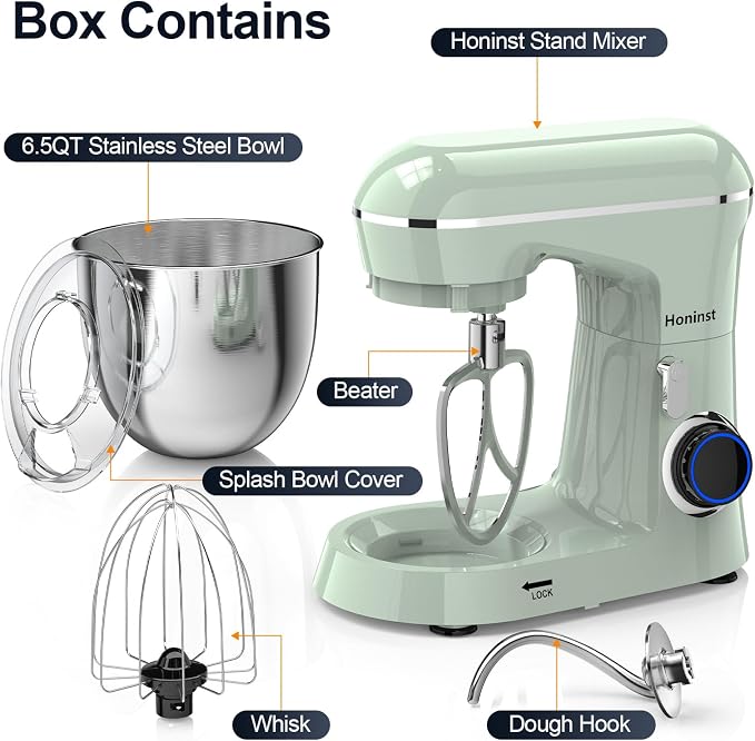 Honinst Stand Mixer, 6.5QT 10-Speed Tilt-Head Electric Stand Mixer, 3-In-1 Kitchen Mixer with Bowl, Dough Hook, Whisk and Beater, Food Mixer for Baking, Cake and Most Home Cooks, Green