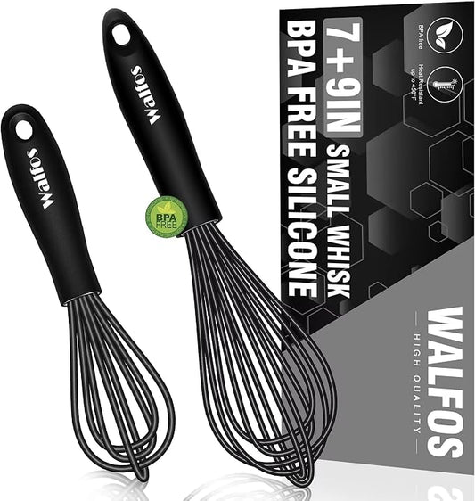 Walfos Silicone Whisk,7+9in Mini Whisk,BPA Free,Small Whisks for Non-Scratch,Heat Resistant (450°F) Nice for stirring individual eggs and mixing small amounts of powder and sauce.Dishwasher Safe.Black