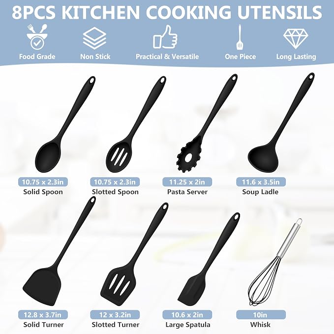 TeamFar Silicone Cooking Utensils Set, 8 PCS Kitchen Utensils Set, 446°F Heat Resistant, Turner, Spatula, Spoon, Whisk, Kitchen Cooking Gadgets Tools for Nonstick Cookware, Dishwasher Safe-Black
