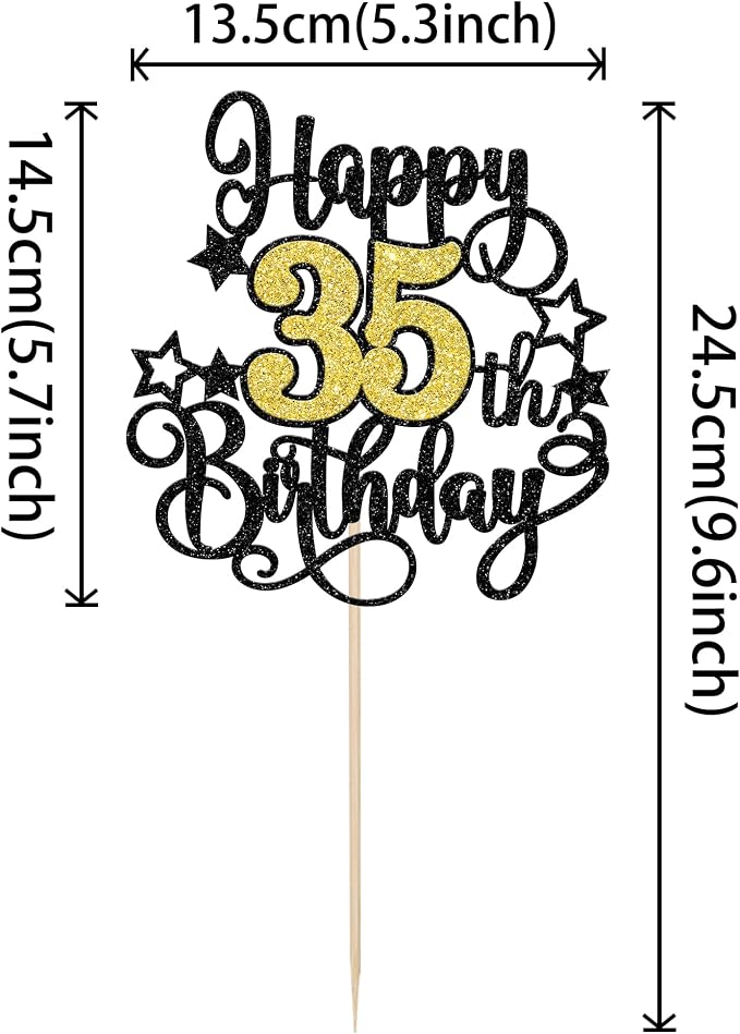 1 PCS Happy 35th Birthday Cake Topper Black Gold Glitter Cheers to 35 Years Birthday Cake Pick Hello 35 Fabulous Cake Decoration for Happy 35th Birthday Anniversary Party Decorations Supplies