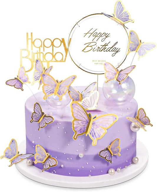 22-Pieces Butterfly Cake Decorations With Happy Birthday Acrylic Cake Toppers for Baby Shower Wedding Birthday Party Decor (Purple)