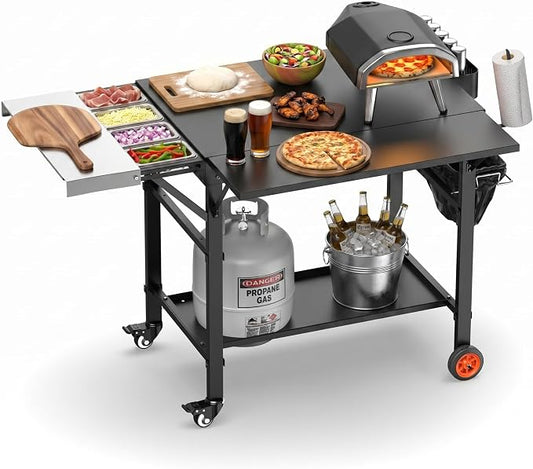 Pizza Oven Table for Ooni Pizza Ovens, Grill Cart Table with Topping Station, Large Countertop Pizza Oven Stand, Foldable Outdoor Cooking Stand with Propane Storage