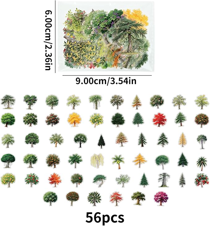 56 pcs Tree Plant Clear PET Stickers, Four Seasons Forest Leaf Palm Transparent Die-Cut Decals, Waterproof Aesthetic Stickers for Journal Scrapbook Planner Nature DIY Craft Decor