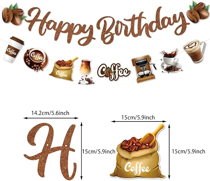 Zwiebeco Brown Coffee Happy Birthday Party Decoration Banner Bunting Garland Hanging Paper for Boys Girls Men Women Adults Cafe Coffee-Themed Birthday Decor Accessories Supplies