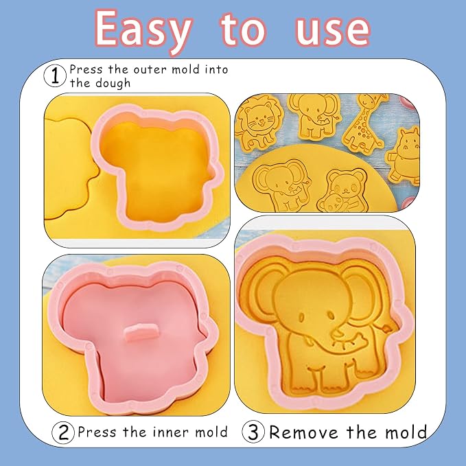 8 Pcs Cute Animal Cookie Cutters Set With Plunger Stamps Unique 3D Zoo-Themed Embossing Cutters for Baking Biscuit Muffins Royal Icing Decorations Fondant Cheese Cupcake Apple Pie Pancakes