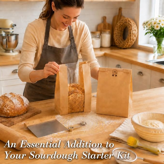 FUNFERY 60 Pcs Sourdough Bread Bags for Home Made Bread Sourdough,Large Paper Bags for Breads Gifting with Window&Cute Stickers,Loaf Bags for Bakery Packaging and Storage,Sourdough Starter Kit