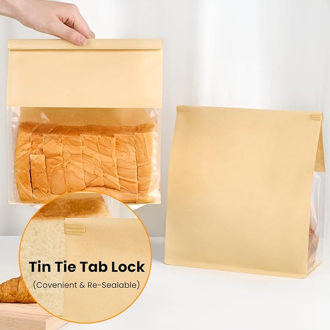 Ocmoiy 50 Pack Bread Bags for Homemade Breads, 8.7x4.3x11 Inches Resealable Tin Tie Tab Lock Large Bakery Packaging Bags with Window for Sourdough Bread, Bagels, Pastry