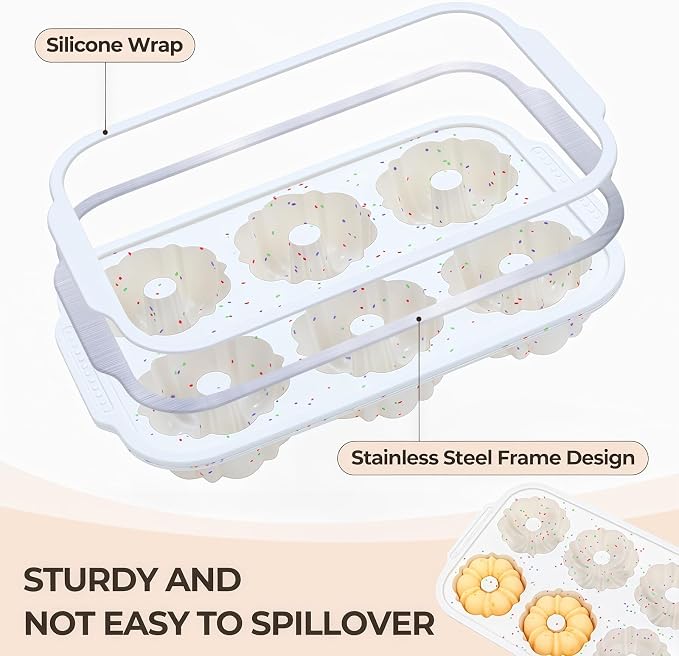FUNBAKY 3 Inch Mini Fluted Tube Cake Pans for Baking with Metal Reinforced Frame, 2Pcs Silicone 6-Cavity Mini Flan Molds, Nonstick Baking Mold for Cupcake, Brownie, Donuts, Cornbread, Jello