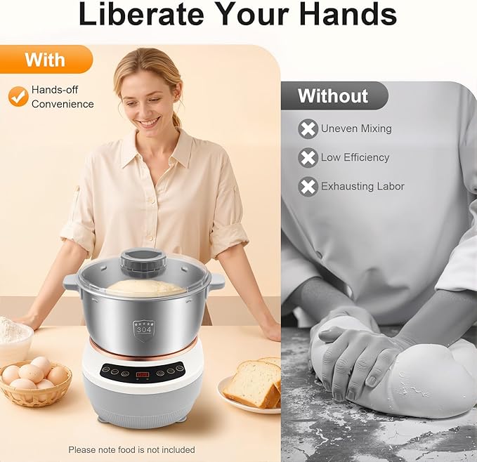 5.3QT 304 Stainless Steel Electric Dough Maker, Dough Stand Mixer Machine with 140-170 RPM,Built-in Microcomputer Timer,Digital Screeny, Automatic Kneading Machine for Bakery (Silver)