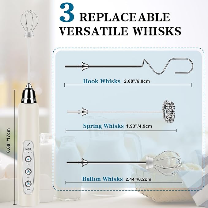 BSRGMS Milk Frother Handheld for Coffee, Electric Whisk 3 Speed Adjustable, Drink Mixer with Stainless 3 Whisks, Rechargeable Hand Frother Wand, for Latte Cappuccino Hot Chocolate Egg Beige