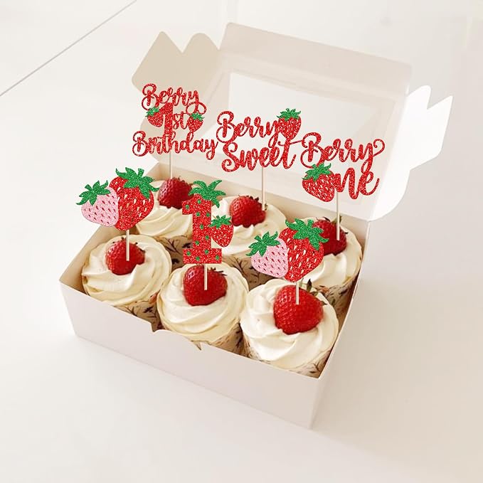 30 Pack Sweet One Cupcake Toppers Glitter First Birthday Strawberry Cupcake Picks for Fruit Baby Shower 1st Birthday Berry One Sweet Cake Decorations Party Supplies Red