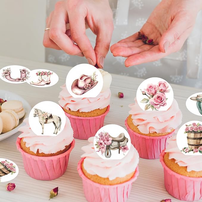 36PCS Edible Floral Horse Cupcake Toppers Wafer Paper Pink Pop-up Derby Horse Cowgirl Cake Picks Edible Rodeo Western Boots Cupcake Toppers for Jockeys Equestrian Theme Supplies