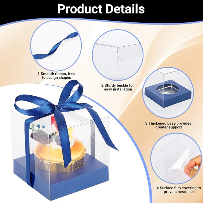 EUSOAR Cup Cake Boxes Individual, 12 Pcs 3.5 Inch Clear Single Individual Pastry Cupcake Containers with Inserts, Dessert Muffin Holder Disposable Cake Carrier for Wedding Party Favor Decor-Royal Blue