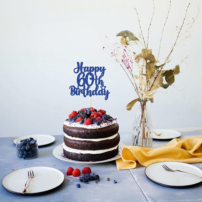 Gyufise 1Pc Happy 60th Birthday Cake Topper Glitter 60 & Cheers to 60 Years Old 60th Birthday Cake Pick for Celebrating 60th Birthday Anniversary Party Cake Decorations Supplies Blue