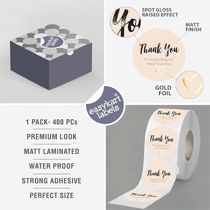 easykart labels 400 Thank You for Supporting My Small Business Sticker Labels | Pastel Peach Color with Gold Foil Hearts | 1.5" Round in Roll | Highly Recommended for Small Business Owners