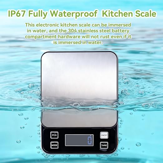 IP67 Waterproof Digital Kitchen Scale, 10kg/22lb Capacity with 0.1g Precision, Kitchen Scales for Food,Rechargeable Battery & 5 Units Conversion for Cooking, Baking - Food Scale