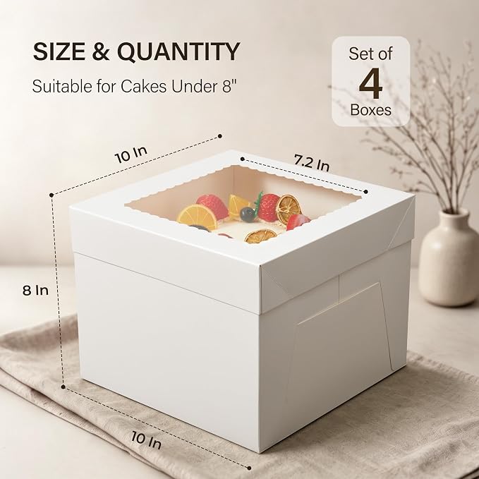 Kootek 4pcs Cake Boxes, 10x10x8 Inches Tall Cake Box with Window, White Bakery Boxes, Large Baking Boxes, Square Cardboard Cake Box for Multi-Layer Cakes, Cake Decorating Supplies for Gift Giving