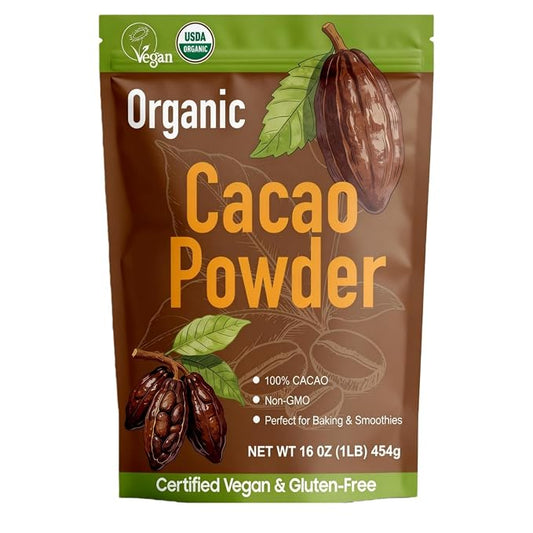 452g(1 lbs),Organic Cacao Powder - Unsweetened Cacao Powder With Rich Dark Chocolate Flavor, Perfect for Baking & Smoothies, Non-GMO, Certified Vegan & Gluten-Free
