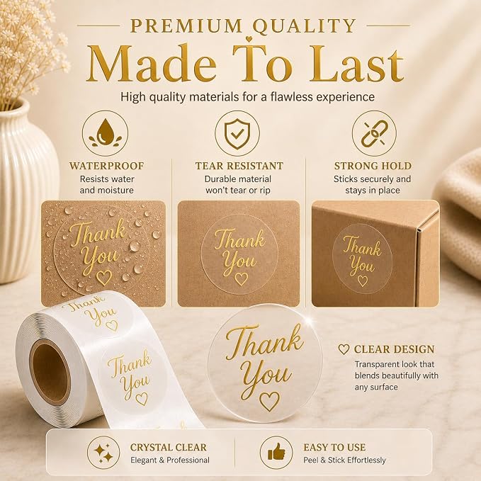 1000 Clear Thank You Stickers Roll, 1 Inch Round Gold Thank You Labels, Bulk Thank You Stickers for Small Business Packaging, Boxes, Bags, Envelopes, Baked Goods & Party Favors, 2 Rolls of 500